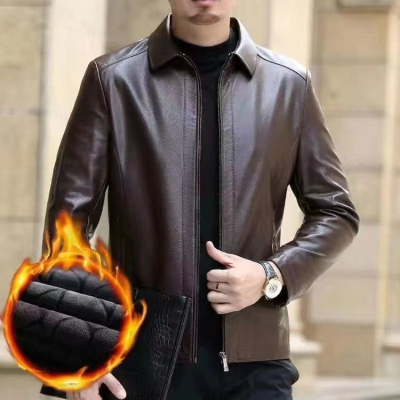 Premium Fleece-Lined Leather Jacket - Stand Collar Men's Outerwear