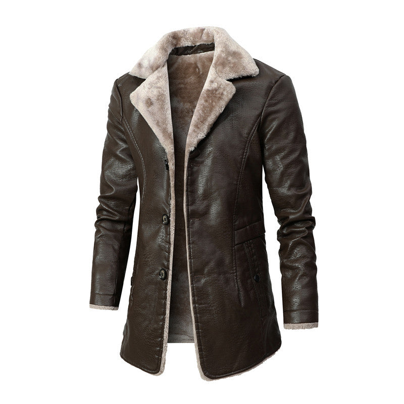 Men's Plush Fleece-Lined Leather Jacket - Winter Warm Single-Breasted Coat