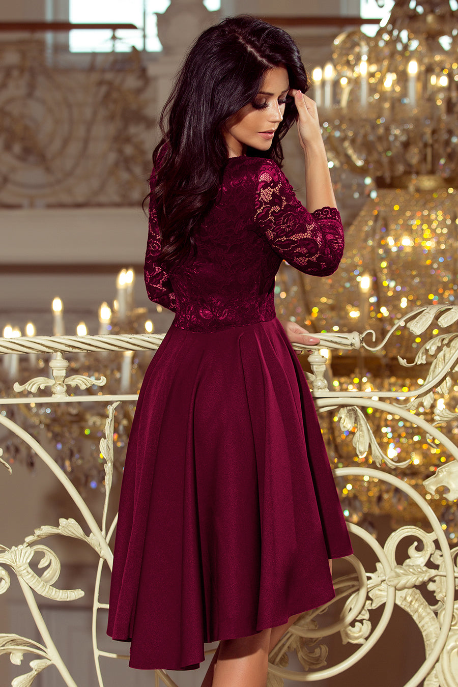 Numoco 210-13 NICOLLE - dress with longer back with lace neckline - plum