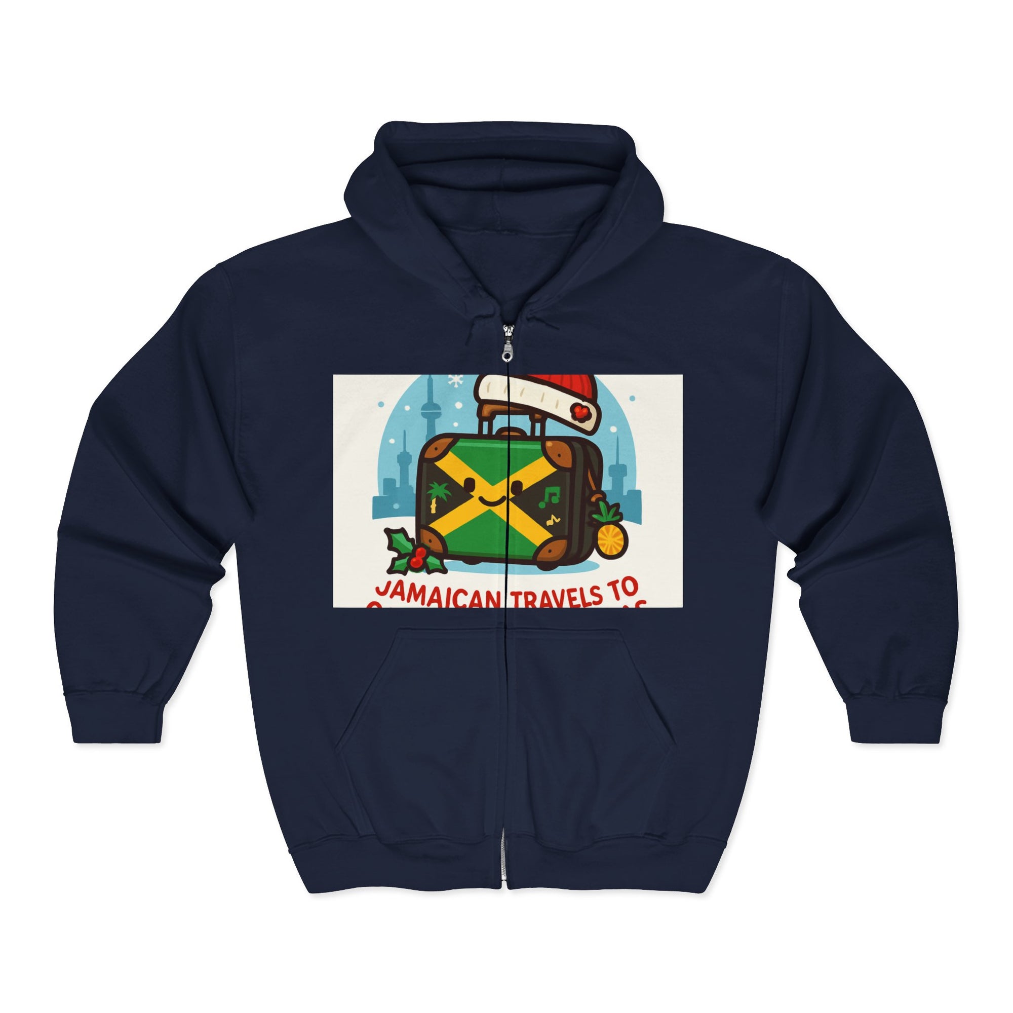 Holiday Jamaican Travel Hoodie – 'Jamaican Travels To' Santa Hat Suitcase Design