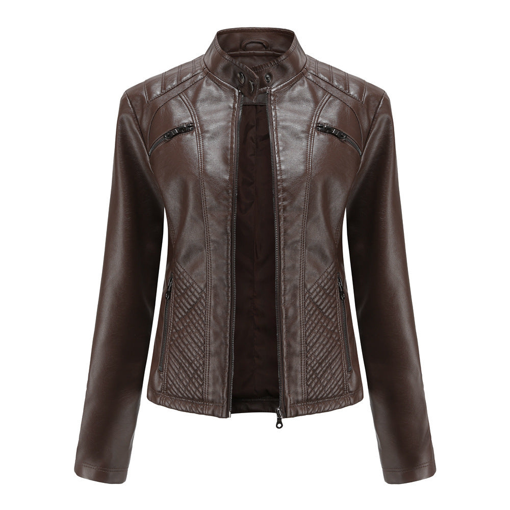 Women's Faux Leather Stand Collar Jacket - Elegant Commuter Style