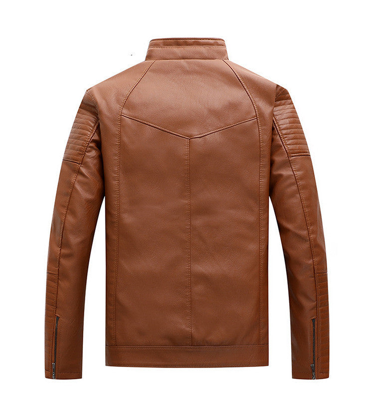 Men's Fleece-Lined PU Leather Jacket - Stand Collar Casual Outerwear