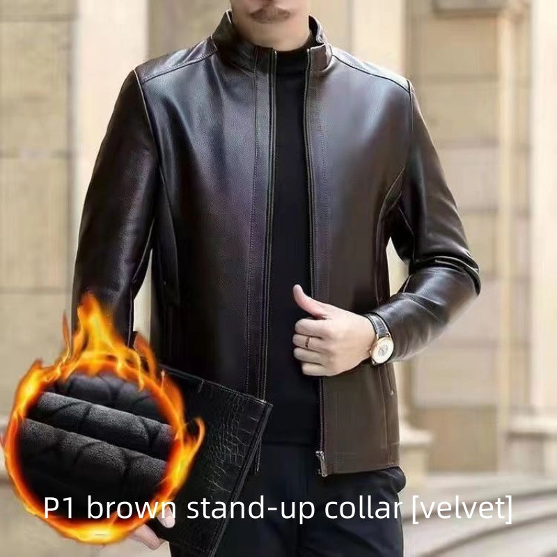 Premium Fleece-Lined Leather Jacket - Stand Collar Men's Outerwear