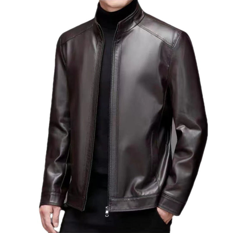 Premium Fleece-Lined Leather Jacket - Stand Collar Men's Outerwear