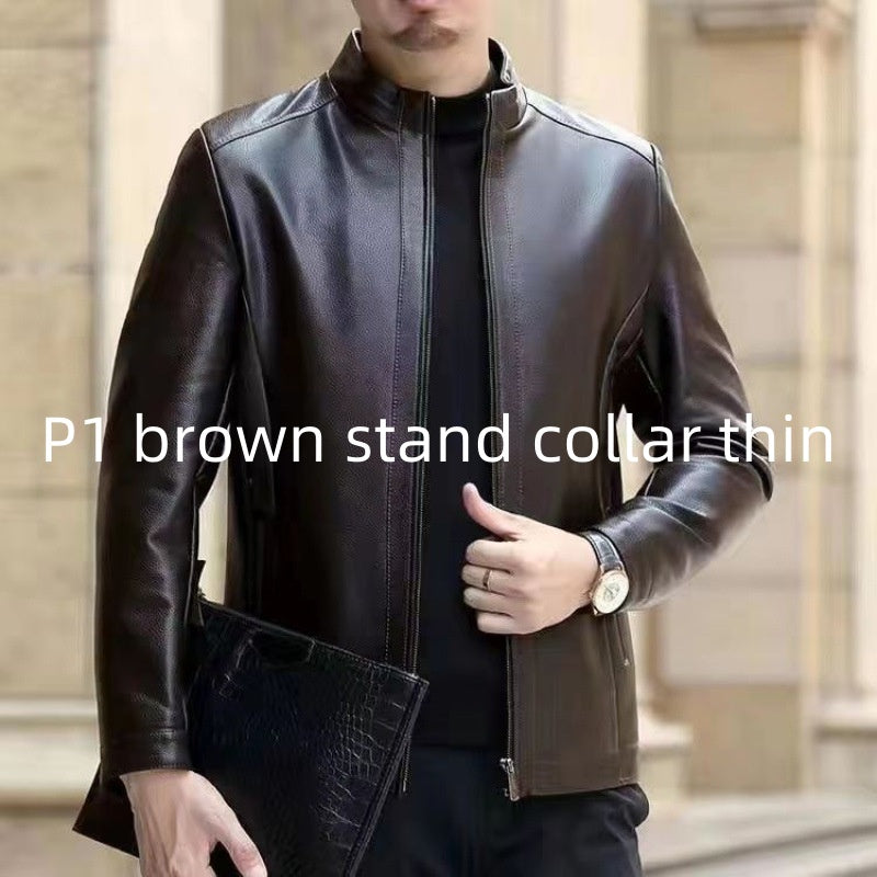 Premium Fleece-Lined Leather Jacket - Stand Collar Men's Outerwear