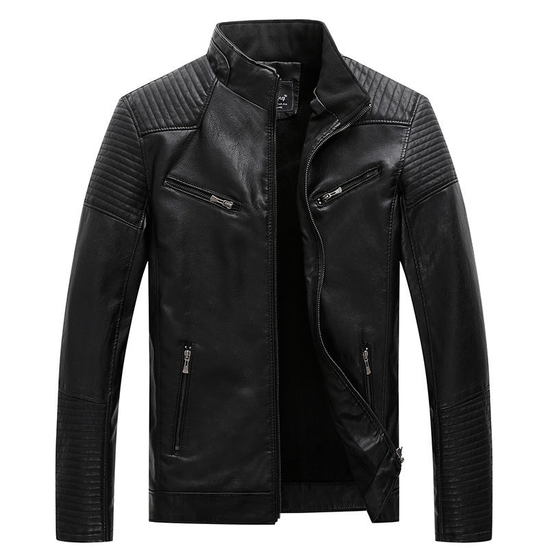 Black leather jacket with quilted details on a white background