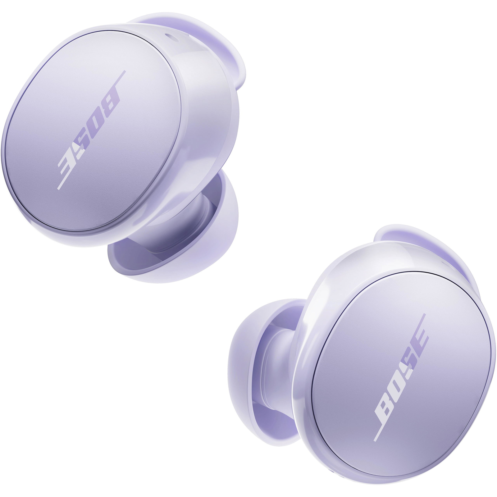 Purple Bose wireless earbuds on a white background