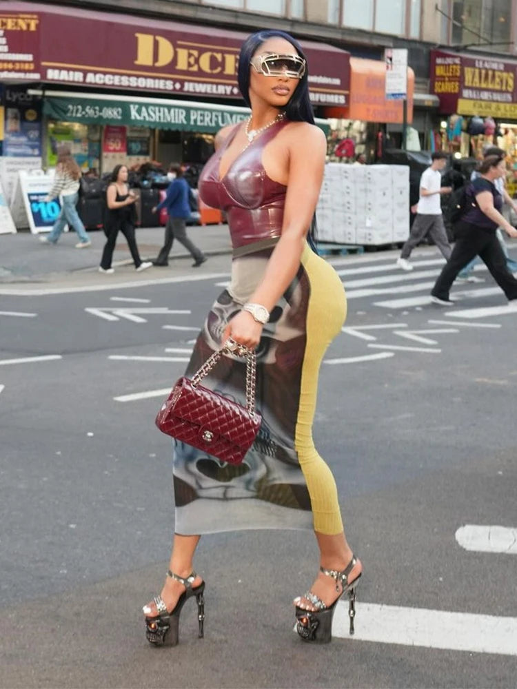 Weird Puss Skulls Print Skirts Women Sexy See Through Skinny 2025 Summer Trend Stretch Wild Basic Clubwear Midnight Long Skirts