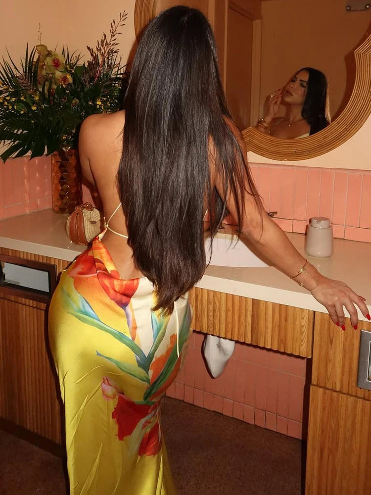 Weird Puss Floral Print Sexy Lace-Up Backless Dress Women Ruched Swing Collar Sleeveless Robe Vacation Trend Beach Party Outfits