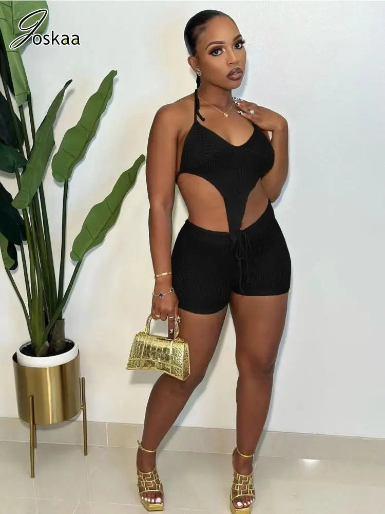 Joskaa Knitted Beach Style 2 Piece Set Women Sexy Halter Backless Irregular Top and Drawstring Shorts Match 2023 Vacation Outfit