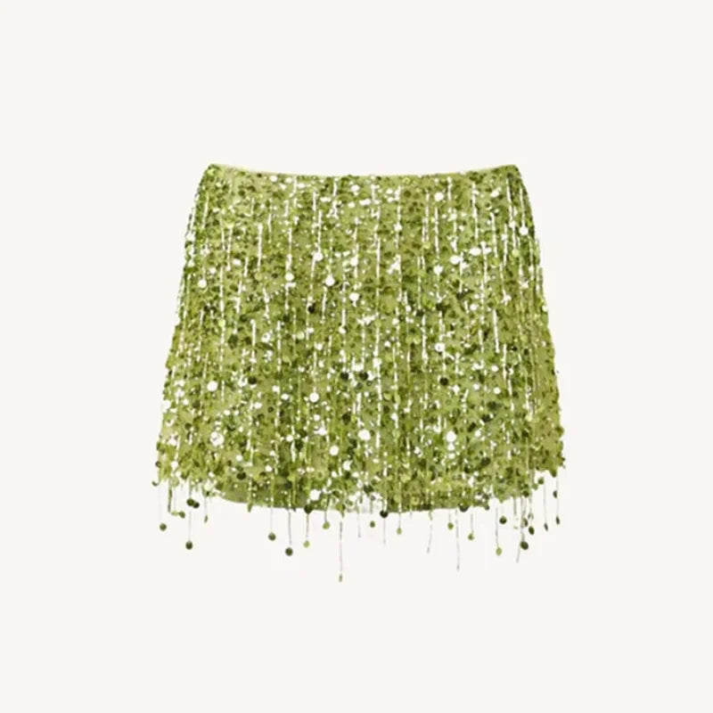 Sexy Sequins Tassel Skirt Sets Women Sling Crop Tops Hip Package A-line Short Skirts 2025 Summer Chic Beach Party Outfits Lady