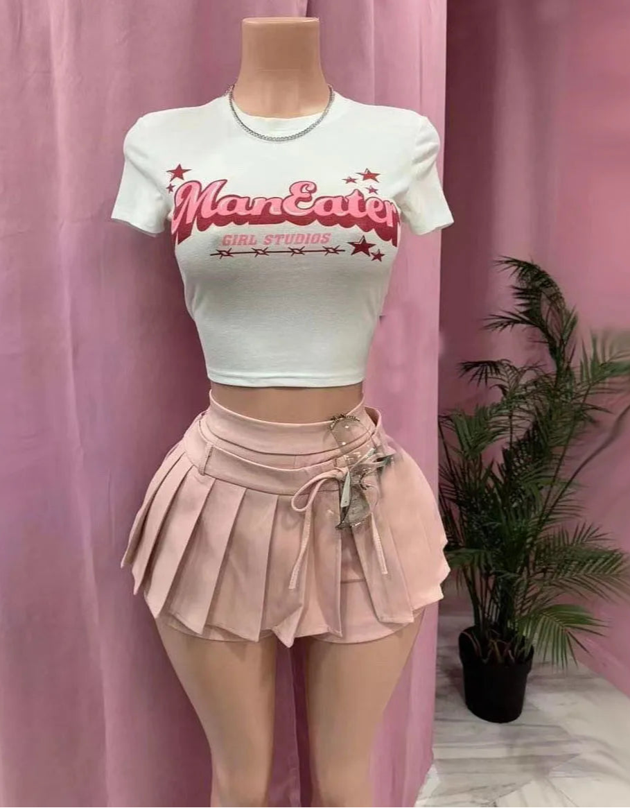 Fashion Two Piece Sets for Women Sexy Club Skirts Suits Short Sleeve T-shirt + Mini Pleated Shorts Skirt