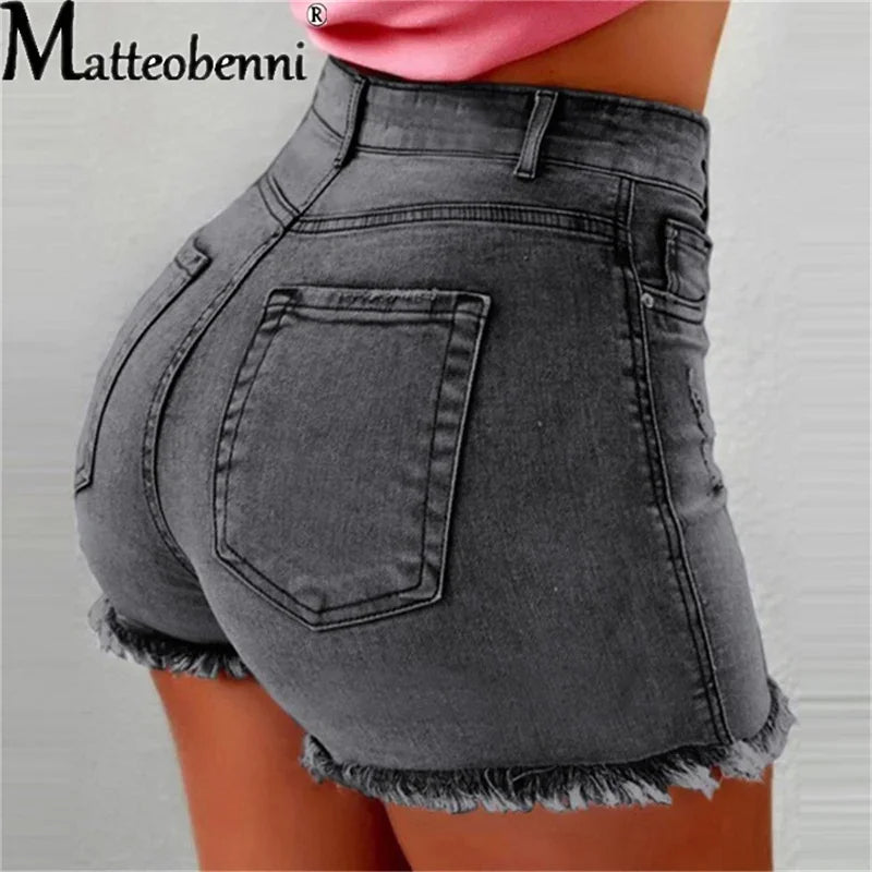 2025 Women High Waist Denim Shorts Ripped Hole Bodycon Short Feminino Jean Shorts With Tassel Summer Casual Streetwear