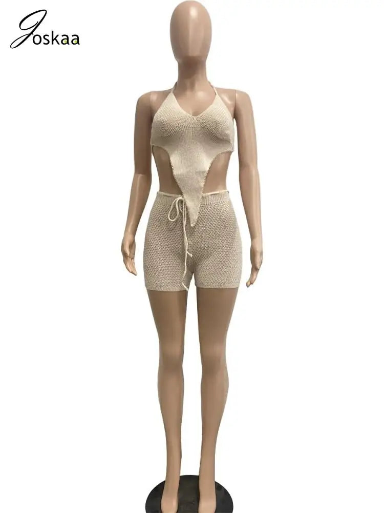 Joskaa Knitted Beach Style 2 Piece Set Women Sexy Halter Backless Irregular Top and Drawstring Shorts Match 2023 Vacation Outfit