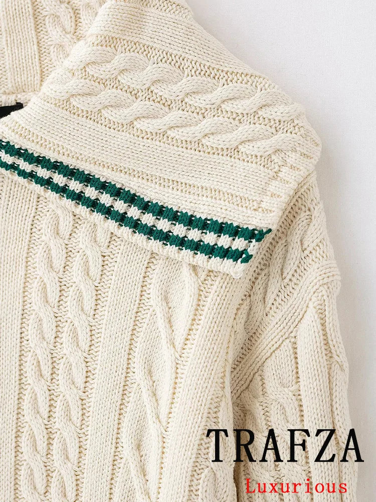 TRAFZA Casual Chic Striped Women Suit Polo-Neck Button Straight Sweater Mini Slim Skirt Fashion 2025 Spring Summer Knitted Suit