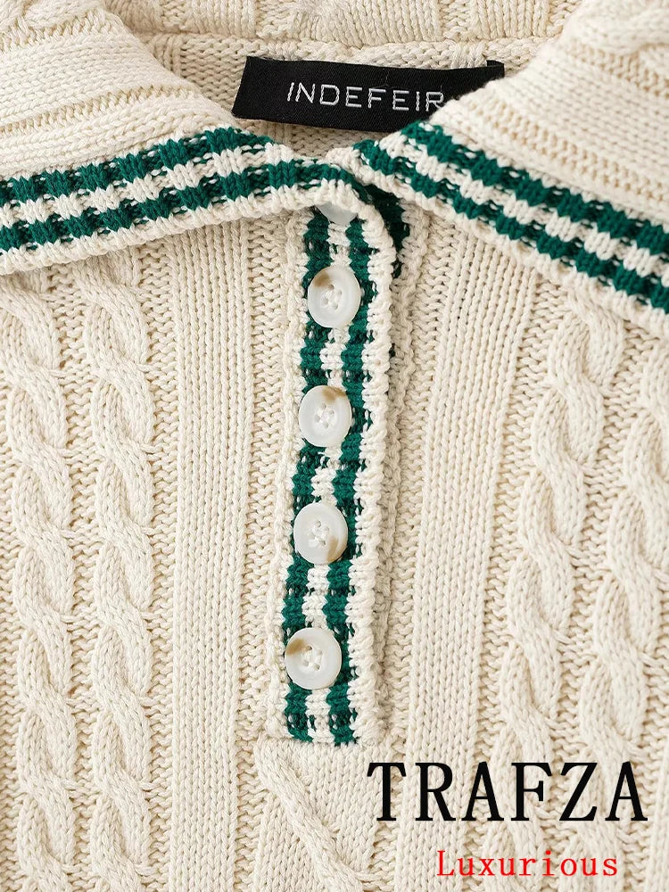 TRAFZA Casual Chic Striped Women Suit Polo-Neck Button Straight Sweater Mini Slim Skirt Fashion 2025 Spring Summer Knitted Suit