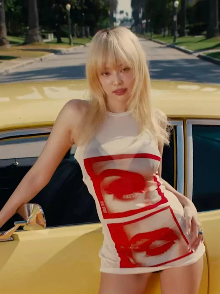 Weird Puss Lip Print Women Long Tops Sexy Y2K Hipster Thin O-neck Sleeveless Wild Basic Stunning Street Club Midnight Party Vest