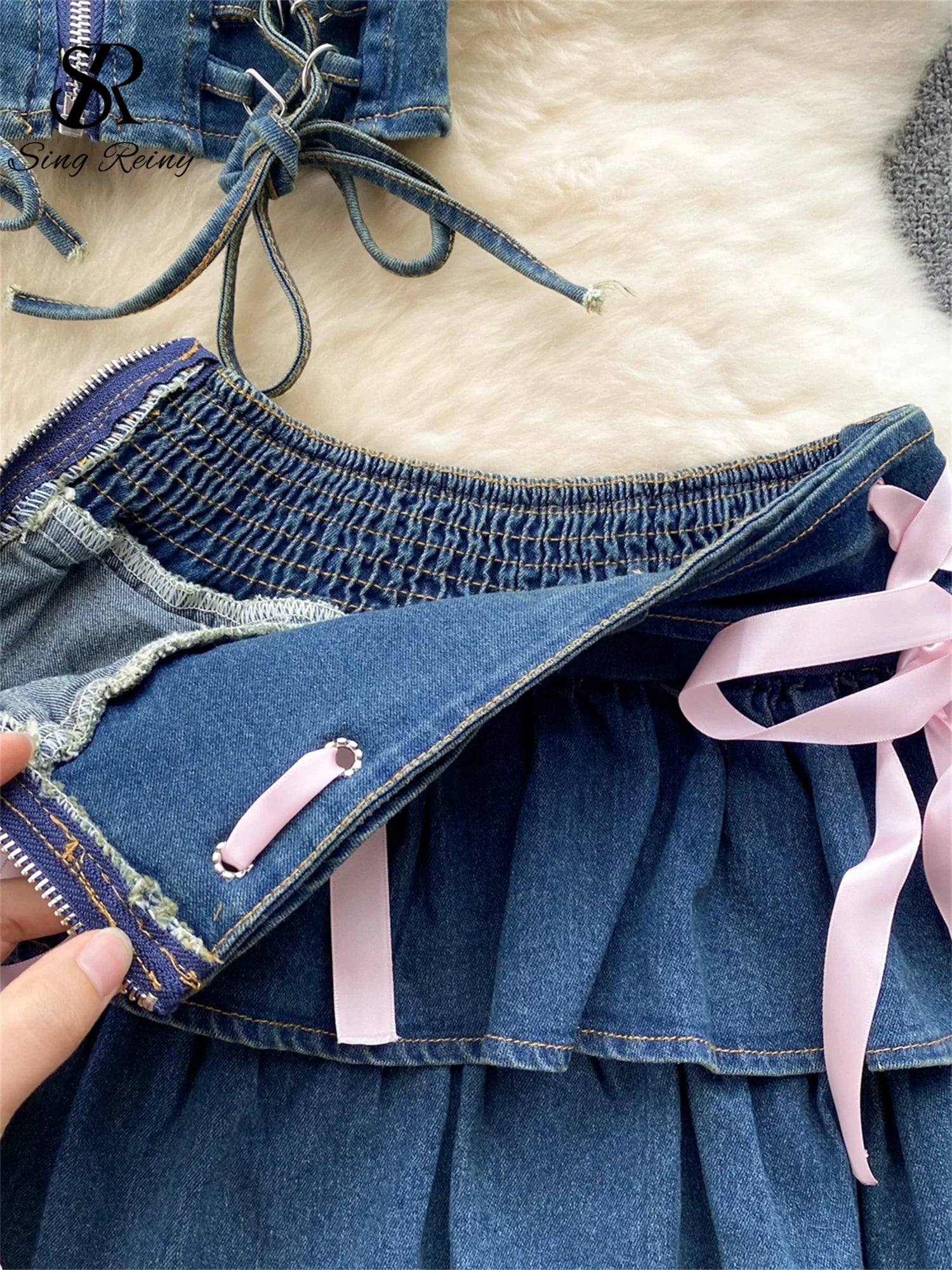 SINGREINY Hotsweet Denim Two Pieces Sets Zipper Strapless Y2K Top+Elastic Mini Culottes Lace Up Cross Bandage Streetwear Suits