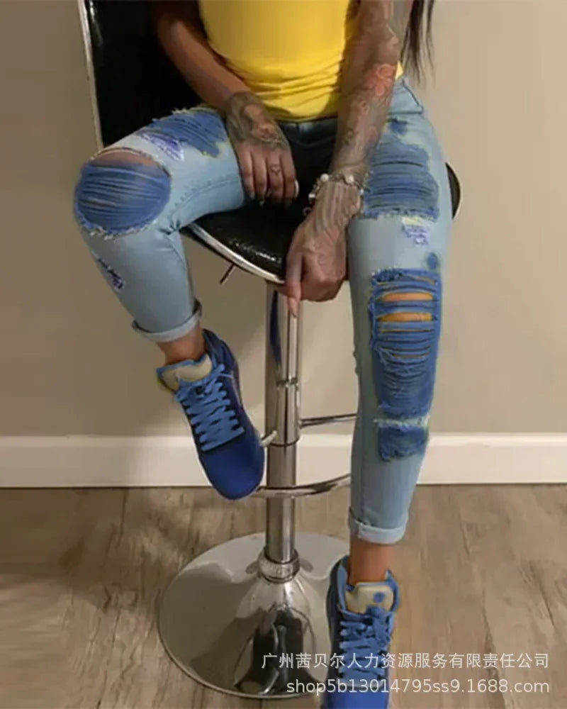 Women's Denim Pant New Street Trendy Feet Pants Light Perforated  Women Jeans