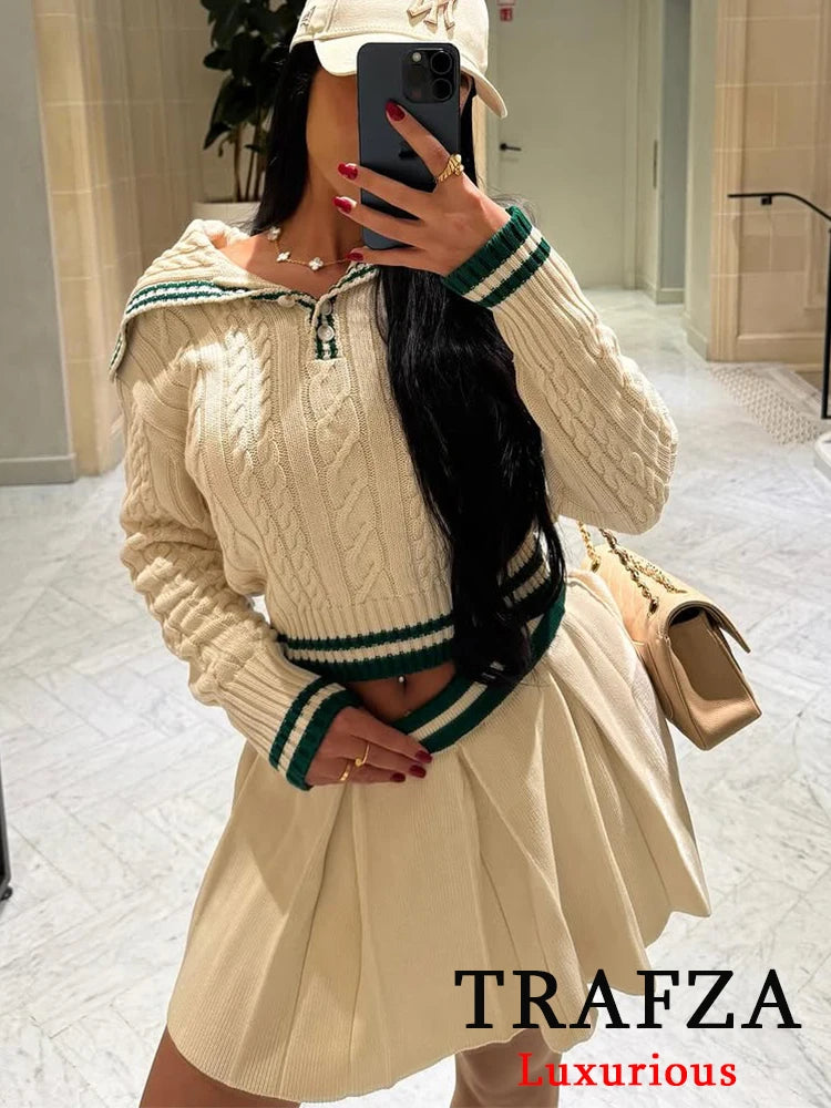 TRAFZA Casual Chic Striped Women Suit Polo-Neck Button Straight Sweater Mini Slim Skirt Fashion 2025 Spring Summer Knitted Suit