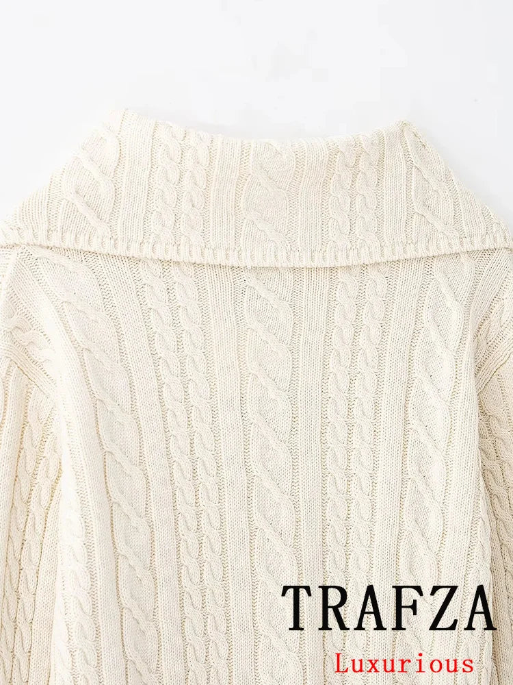 TRAFZA Casual Chic Striped Women Suit Polo-Neck Button Straight Sweater Mini Slim Skirt Fashion 2025 Spring Summer Knitted Suit