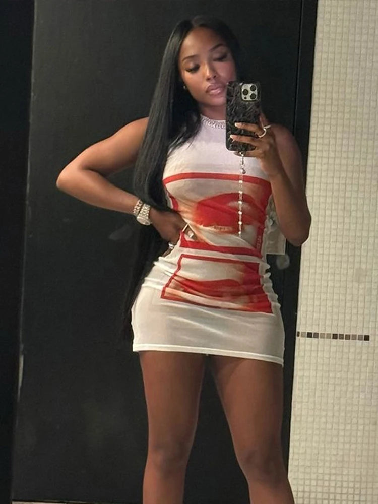 Weird Puss Lip Print Women Long Tops Sexy Y2K Hipster Thin O-neck Sleeveless Wild Basic Stunning Street Club Midnight Party Vest