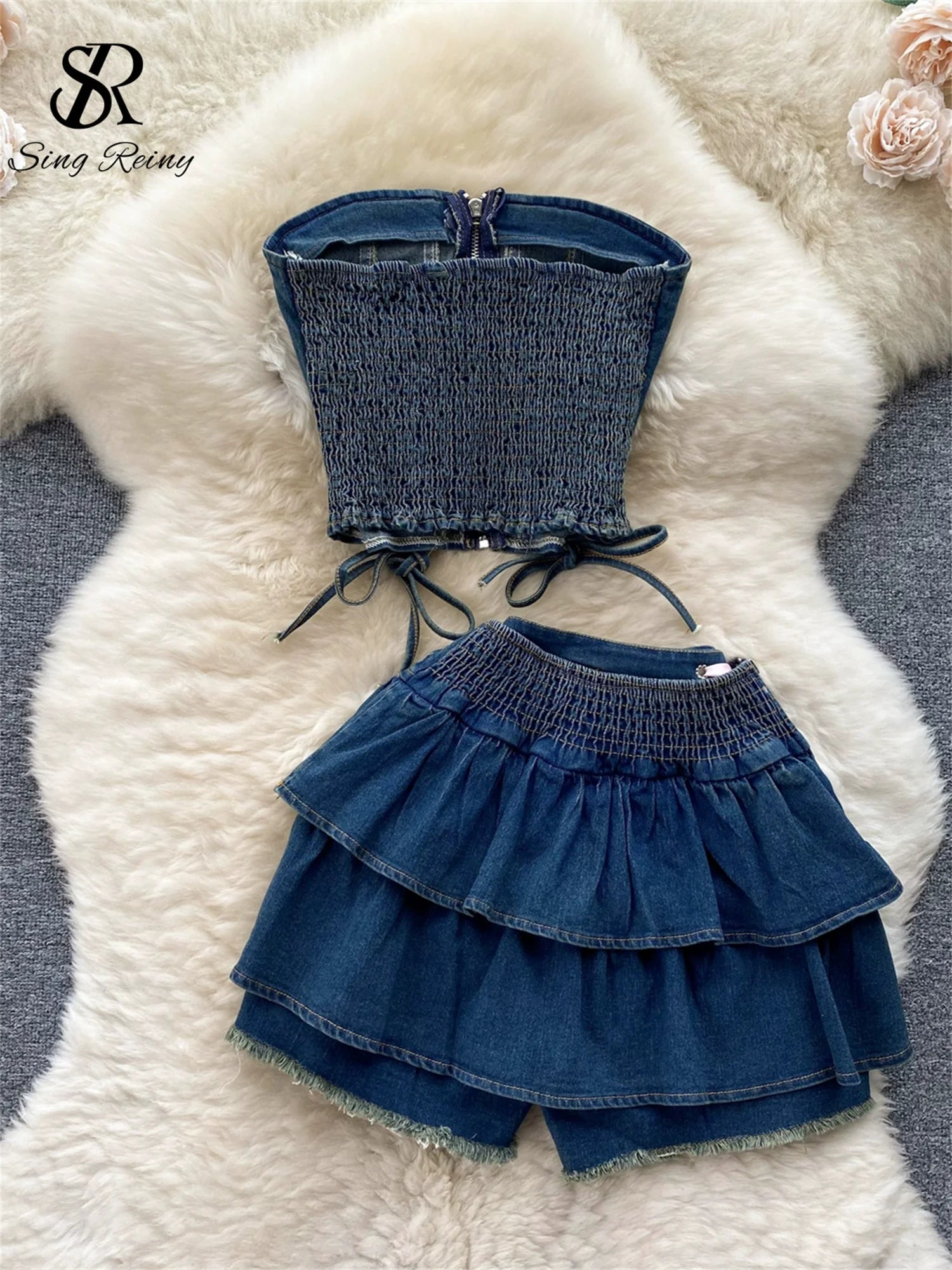 SINGREINY Hotsweet Denim Two Pieces Sets Zipper Strapless Y2K Top+Elastic Mini Culottes Lace Up Cross Bandage Streetwear Suits