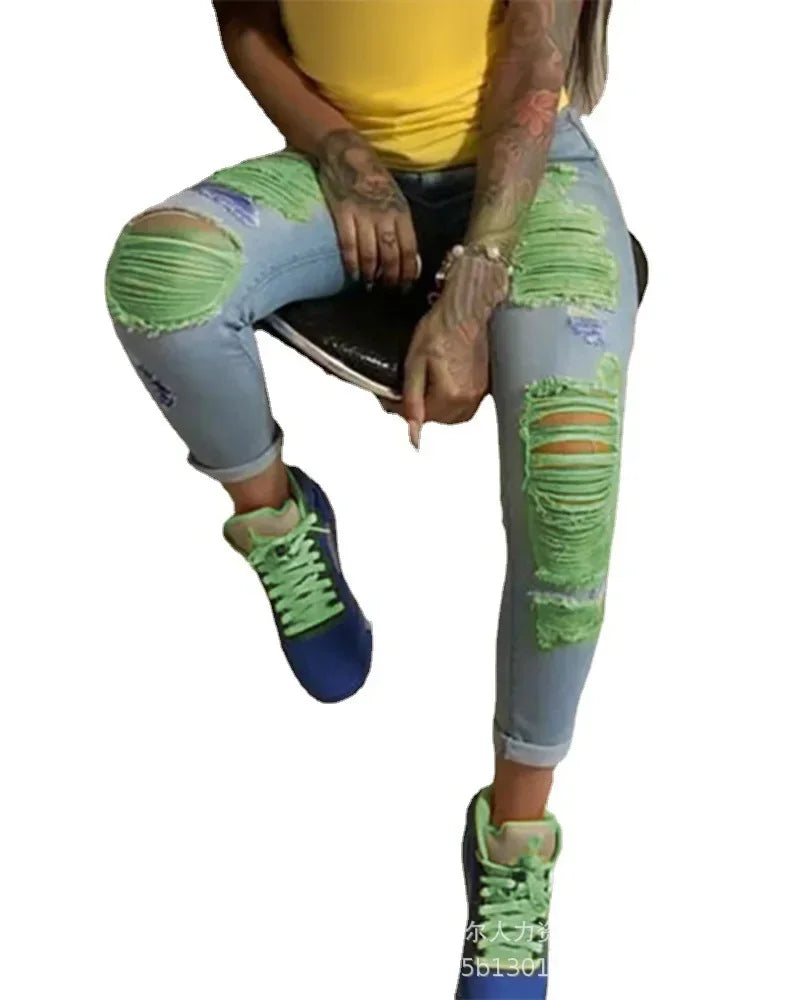 Women's Denim Pant New Street Trendy Feet Pants Light Perforated  Women Jeans