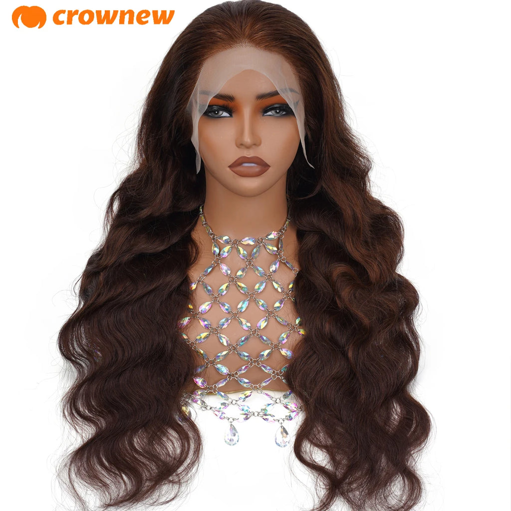 Mannequin head with long wavy brown hair and 'crownew' branding.