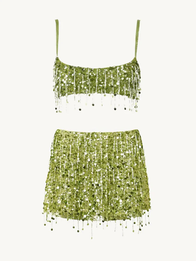 Sexy Sequins Tassel Skirt Sets Women Sling Crop Tops Hip Package A-line Short Skirts 2025 Summer Chic Beach Party Outfits Lady