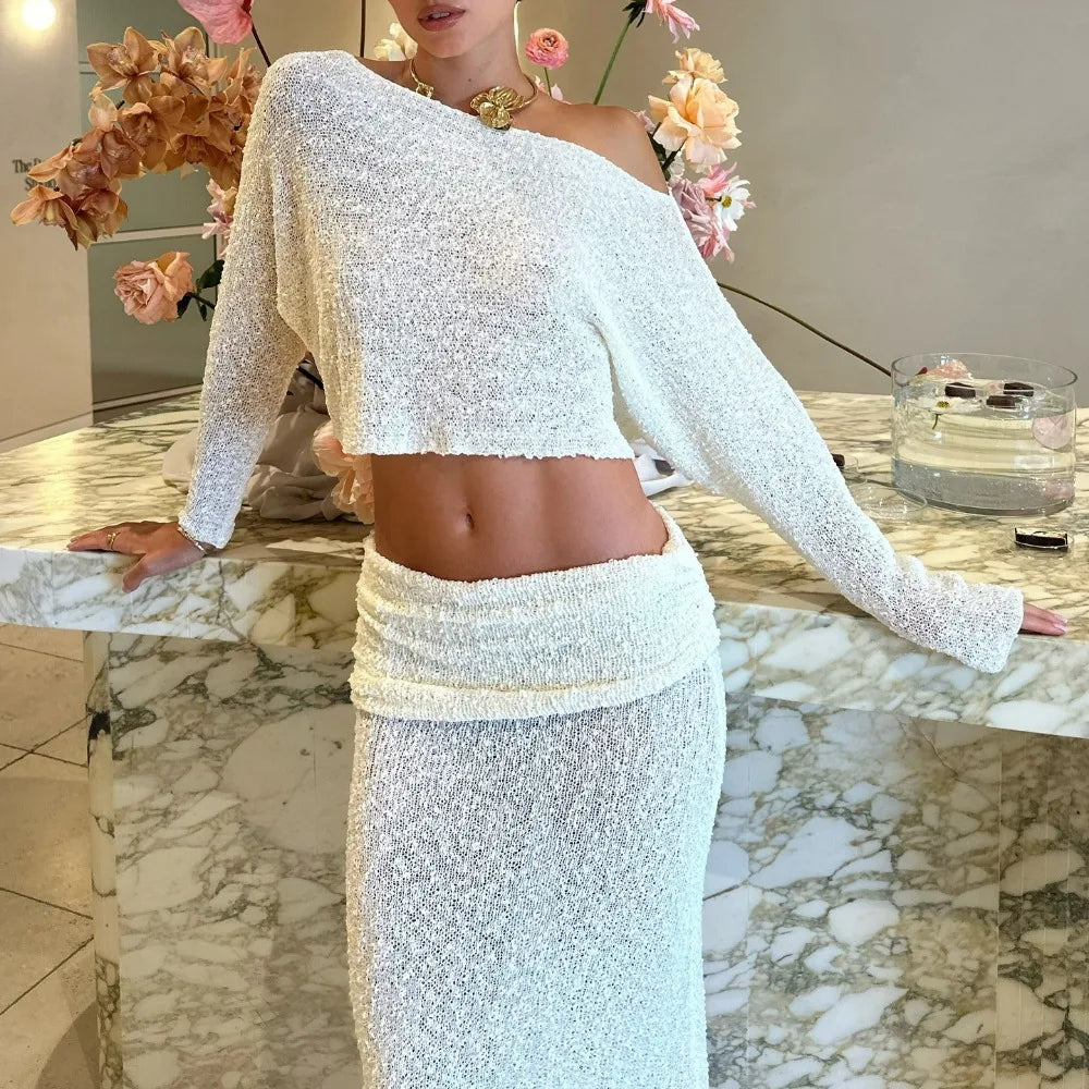Summer Knit Beach Skirt Sets Women Sexy See Through Holiday Two Piece Outfits Long Sleeve Top and Maxi Skirt Matching Set 2025