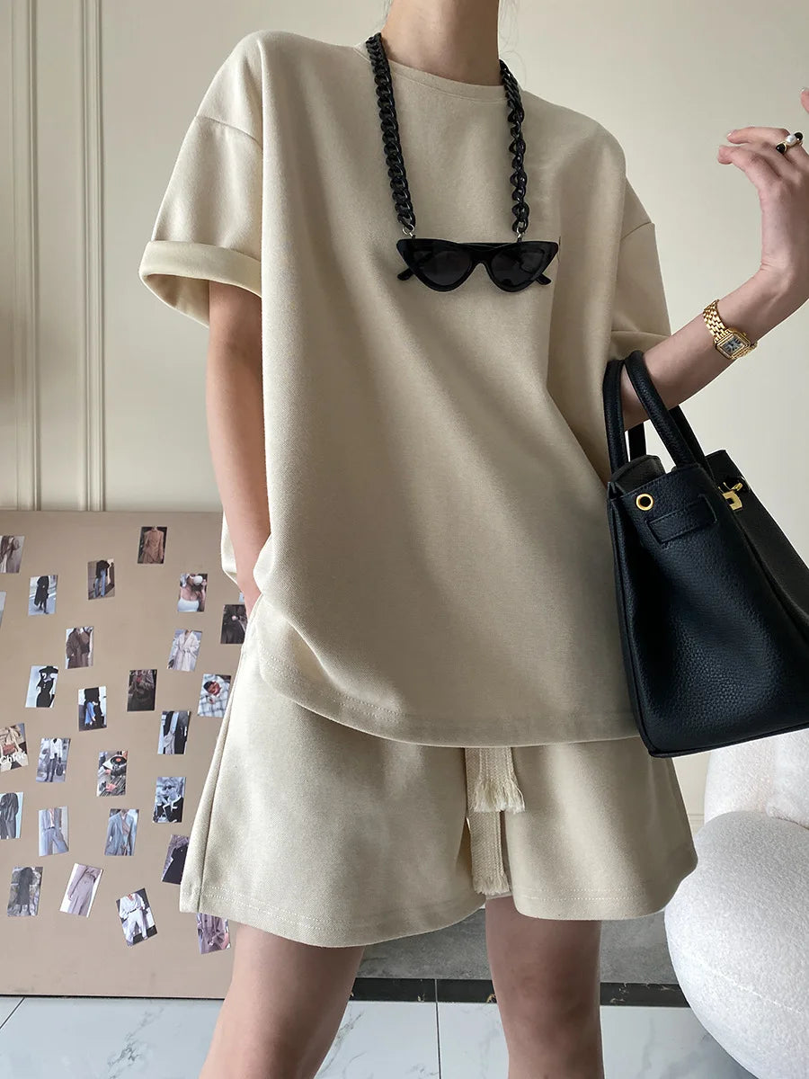 Suit Shorts With Ladies T-Shirt And Top Loose Oversized Cotton Summer Two Piece Ladies Classic Activewear Casual