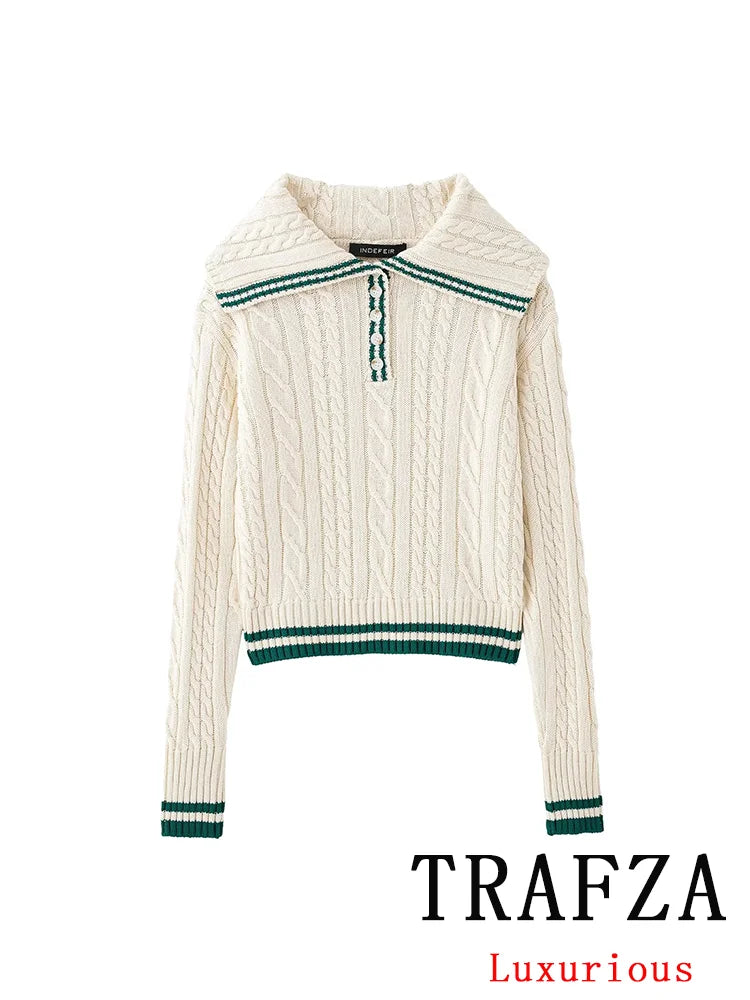 TRAFZA Casual Chic Striped Women Suit Polo-Neck Button Straight Sweater Mini Slim Skirt Fashion 2025 Spring Summer Knitted Suit