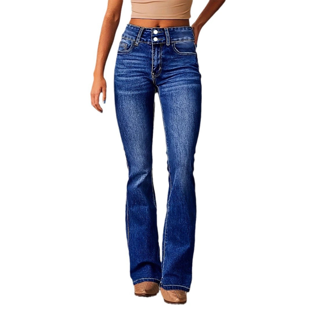 Skinny Flared Jeans With Pockets Fashion Button Zipper Trousers Women's Slim Denim Pants