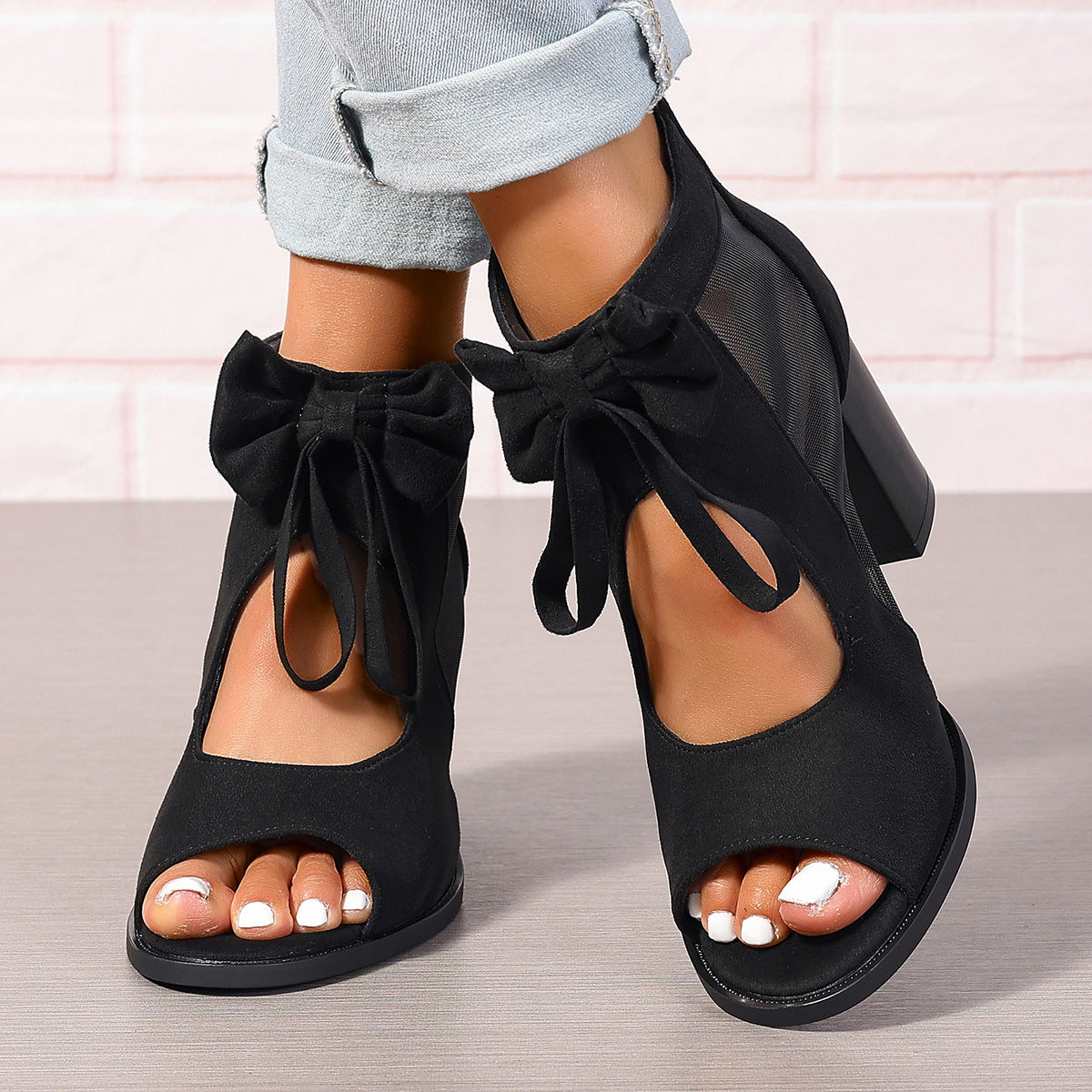 Chunky High Heel Sandals – Bow & Ankle Strap, Open Toe