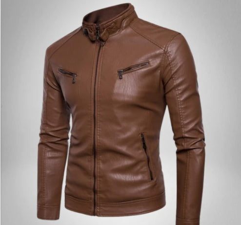 Men's Fleece-Lined PU Leather Jacket - Stand Collar Casual Outerwear