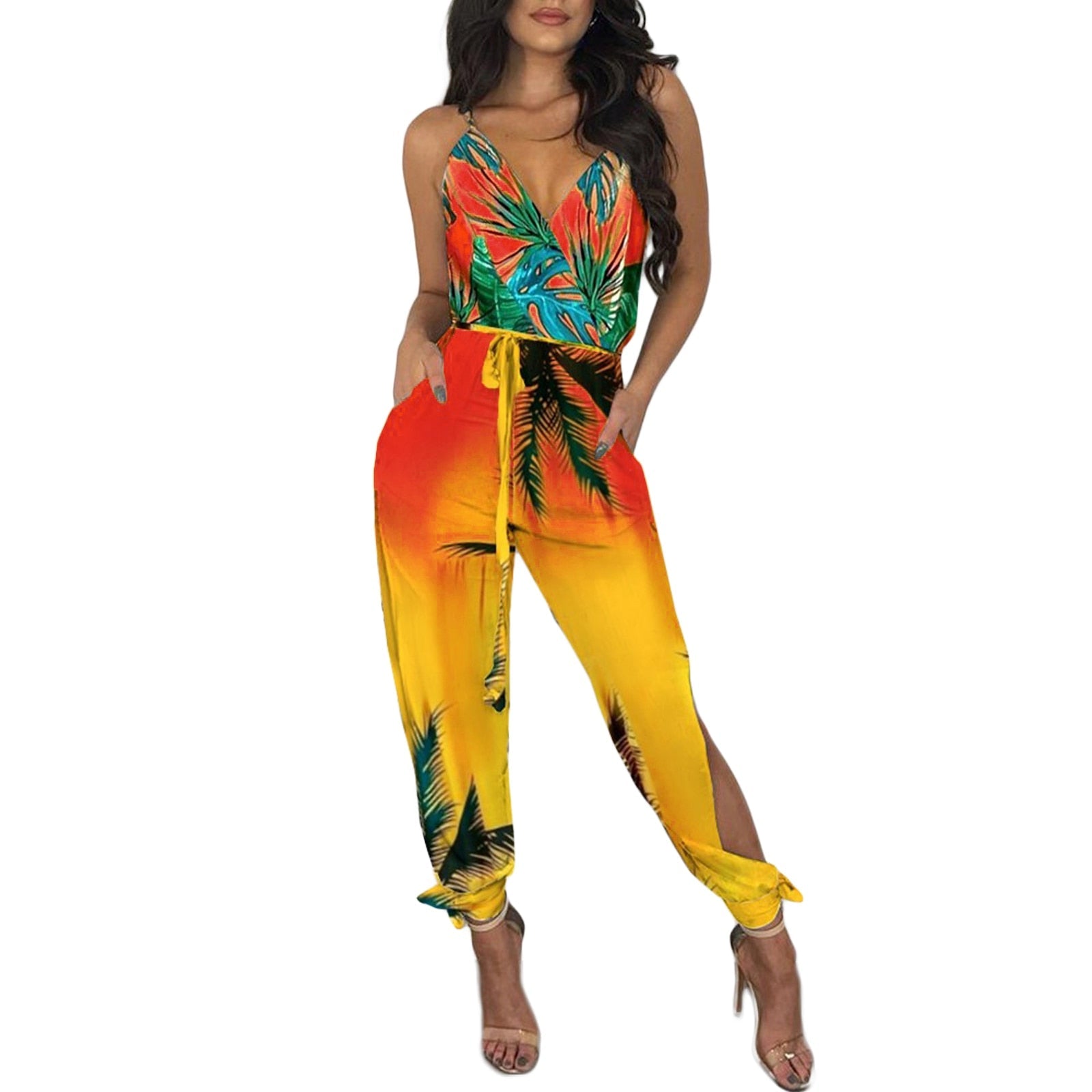 best 2021 Autumn Women Casual Sleeveless V-Neck Jumpsuits Ladies Boho Floral Bodysuit Loose Long Pencil Side Slit Pants Plus Size 0 shop online at M2K Trends for