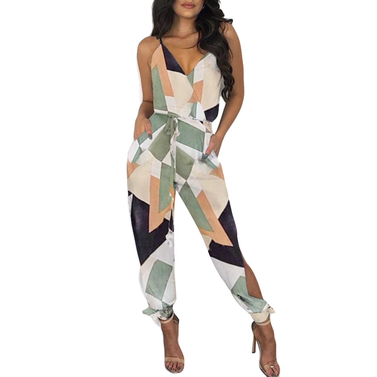 best 2021 Autumn Women Casual Sleeveless V-Neck Jumpsuits Ladies Boho Floral Bodysuit Loose Long Pencil Side Slit Pants Plus Size 0 shop online at M2K Trends for