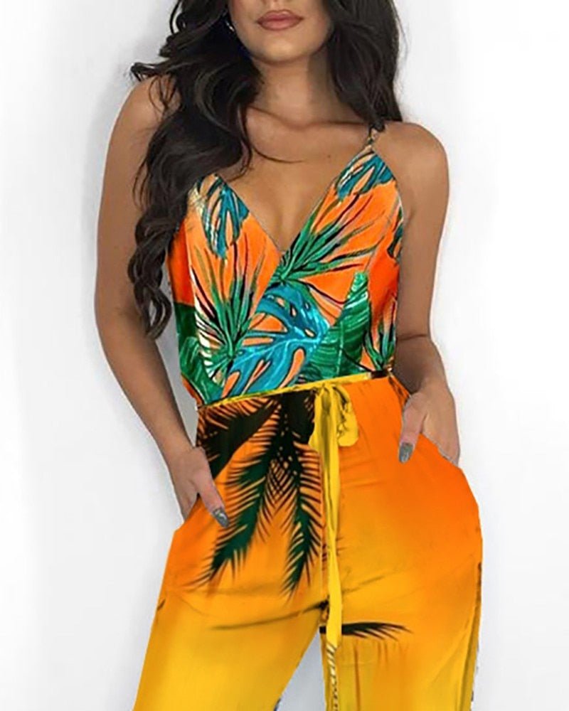 best 2021 Autumn Women Casual Sleeveless V-Neck Jumpsuits Ladies Boho Floral Bodysuit Loose Long Pencil Side Slit Pants Plus Size 0 shop online at M2K Trends for
