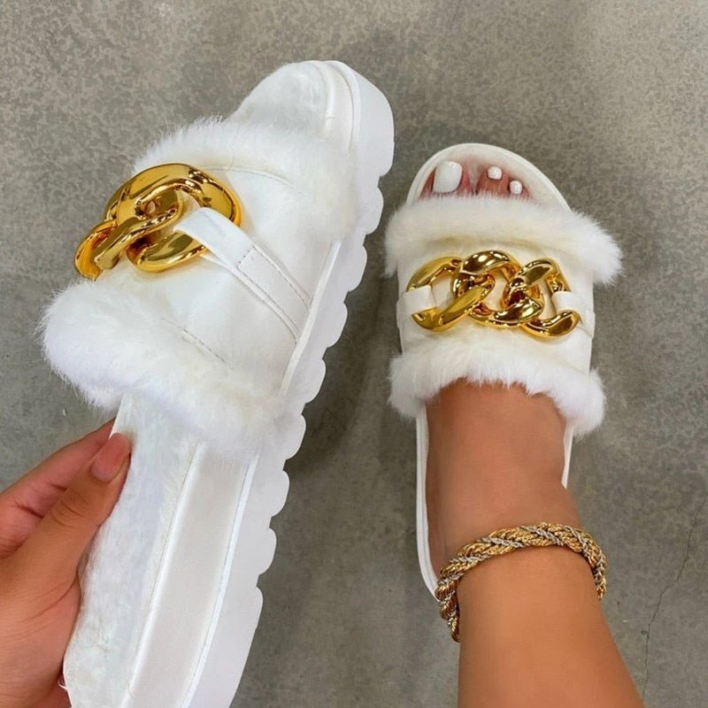 best 2021 Winter Plush Slippers Fashion Open Toe Solid Color Women&#39;s Sandals Metal Chain Outdoor Casual Women&#39;s Shoes Fashion Shoes 0 shop online at M2K Trends for