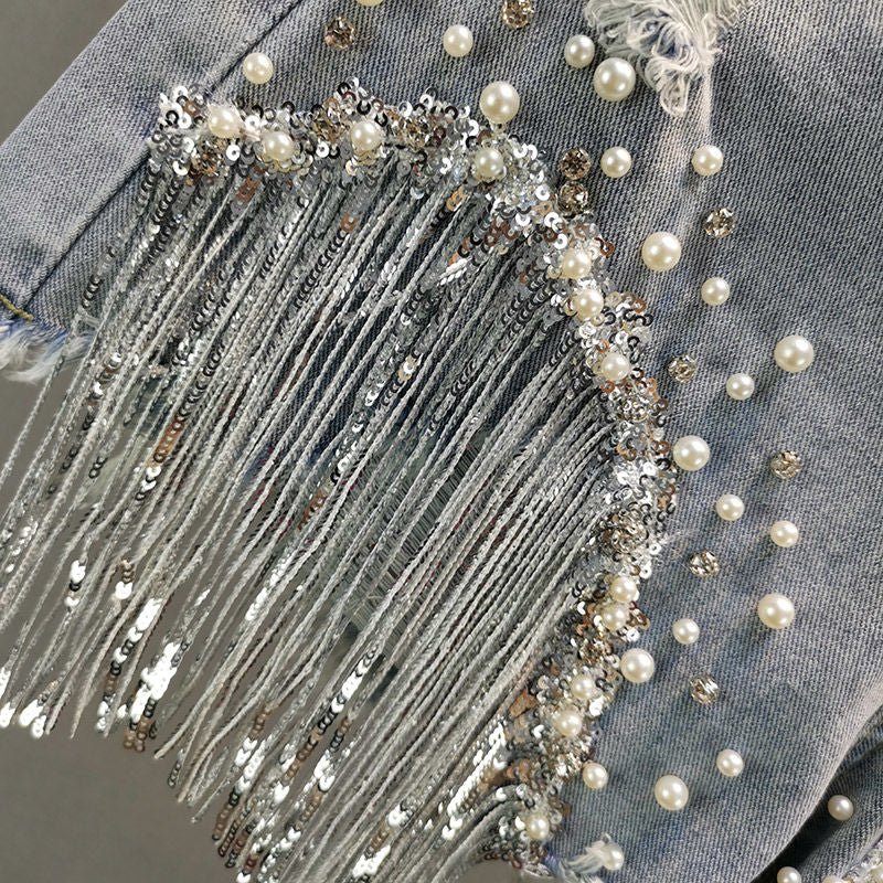 best 2021 Women Spring Summer New Elegant Shorts Lady Tassel Beading High Waist Wide Leg Denim Shorts Female Casual Solid Shorts shorts shop online at M2K Trends for best denim shorts