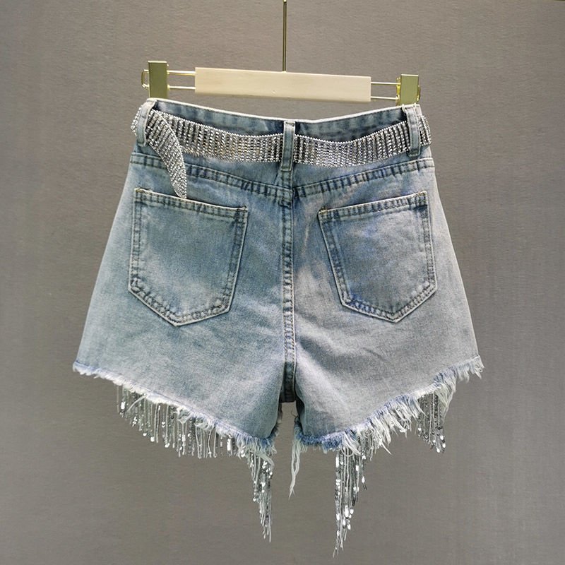 best 2021 Women Spring Summer New Elegant Shorts Lady Tassel Beading High Waist Wide Leg Denim Shorts Female Casual Solid Shorts shorts shop online at M2K Trends for best denim shorts