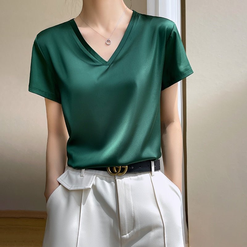 best 2023 Summer Basic Solid Women's T-Shirts V-Neck Short Sleeve Tees Tops Satin Silk Elegant Thin Shirts for Female 0 shop online at M2K Trends for