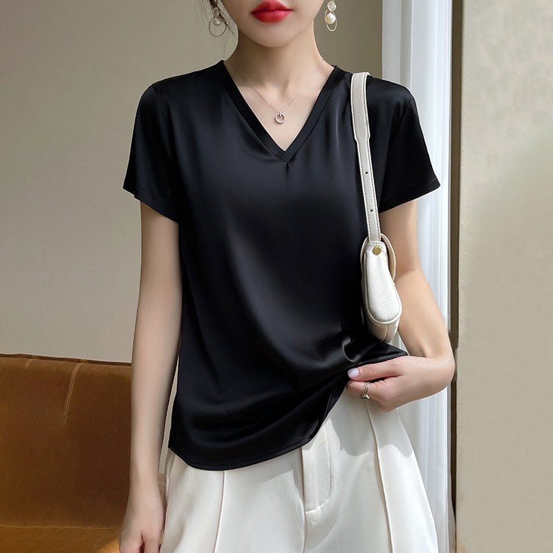 best 2023 Summer Basic Solid Women's T-Shirts V-Neck Short Sleeve Tees Tops Satin Silk Elegant Thin Shirts for Female 0 shop online at M2K Trends for