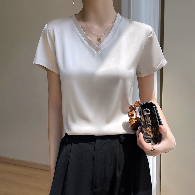 best 2023 Summer Basic Solid Women's T-Shirts V-Neck Short Sleeve Tees Tops Satin Silk Elegant Thin Shirts for Female 0 shop online at M2K Trends for