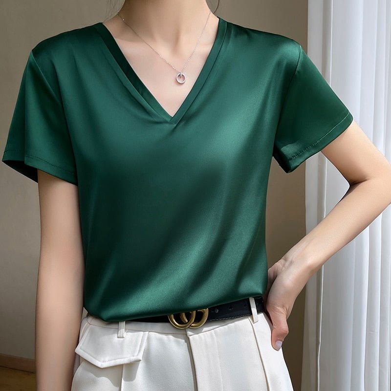 best 2023 Summer Basic Solid Women's T-Shirts V-Neck Short Sleeve Tees Tops Satin Silk Elegant Thin Shirts for Female 0 shop online at M2K Trends for