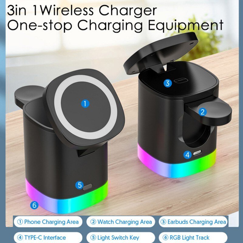 best 3 In 1 Magnetic Wireless Fast Charger For Smart Phone RGB Ambient Light Charging Station For Airpods IWatch Electronics shop online at M2K Trends for Wireless