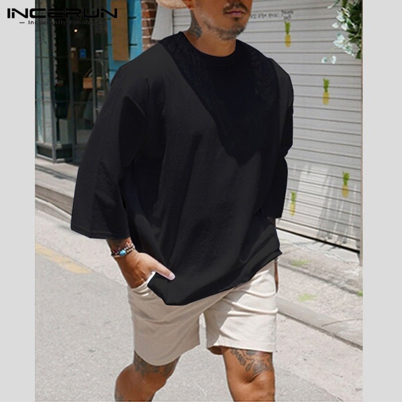 best INCERUN Fashion Men Casual T Shirt Plain Cotton 3/4 Sleeve Crew Neck 2023 Baggy T-shirts Streetwear Camiseta Masculina Plus Size 0 shop online at M2K Trends for