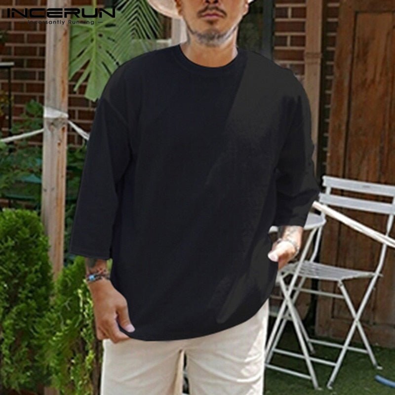 best INCERUN Fashion Men Casual T Shirt Plain Cotton 3/4 Sleeve Crew Neck 2023 Baggy T-shirts Streetwear Camiseta Masculina Plus Size 0 shop online at M2K Trends for