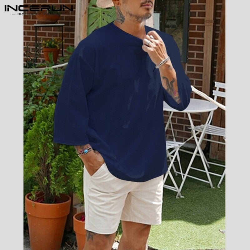 best INCERUN Fashion Men Casual T Shirt Plain Cotton 3/4 Sleeve Crew Neck 2023 Baggy T-shirts Streetwear Camiseta Masculina Plus Size 0 shop online at M2K Trends for